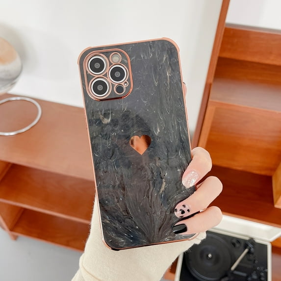 Slim Case for iPhone 13, Electroplated Frame Heart Shockproof Phone Case for Women Girls, Camera and Screen Protective Anti-Fingerprints Anti-Drops Cover for iPhone 13 6.1 Inch,Black