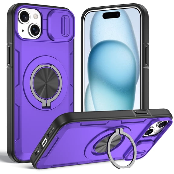 Slim Case for iPhone 14 / 13, 360° Rotation Magnetic Ring Stand, Camera Sliding Cover, Shockproof Anti-Scratch Protective Cover for iPhone 14 / 13 - Purple