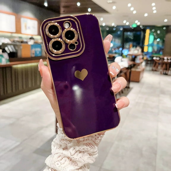Slim Case for iPhone 15, Electroplated Hearts Pattern Lightweight Shockproof Phone Cover for Women Girls, Lens Protection Drop Resistant Case for iPhone 15, Darkpurple