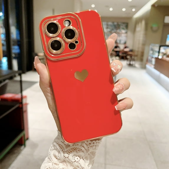 Slim Case for iPhone 15 Pro, Electroplated Hearts Pattern Lightweight Shockproof Phone Cover for Women Girls, Lens Protection Drop Resistant Case for iPhone 15 Pro, Red