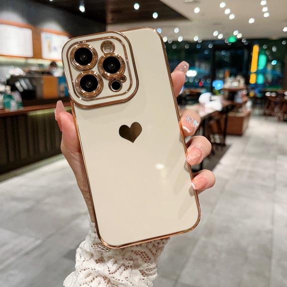 Slim Case for iPhone 15 Pro Max, Electroplated Hearts Pattern Lightweight Shockproof Phone Cover for Women Girls, Lens Protection Drop Resistant Case for iPhone 15 Pro Max, White