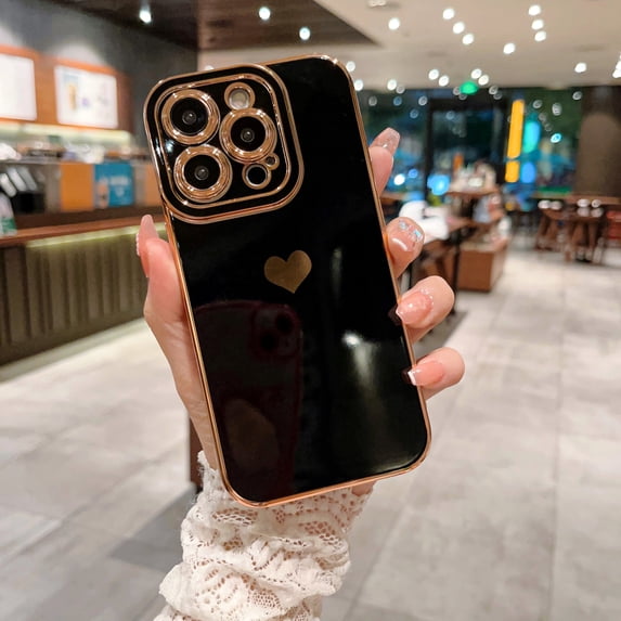 Slim Case for iPhone 15 Pro Max, Electroplated Hearts Pattern Lightweight Shockproof Phone Cover for Women Girls, Lens Protection Drop Resistant Case for iPhone 15 Pro Max, Black