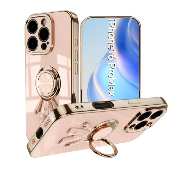 Slim Case for iPhone 16 Pro Max,Cute Cartoon 6D Plating Astronaut Hidden Magnetic Ring Kickstand Soft TPU Shockproof Corner Protection Drop Proof Edge Bumper Cover For iPhone 16 Pro Max,Lightpink