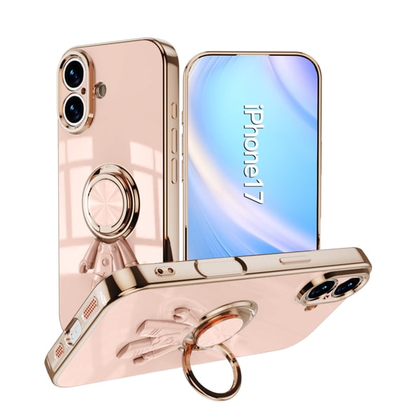 Slim Case for iPhone 17,Cute Cartoon 6D Plating Astronaut Hidden Magnetic Ring Kickstand Soft TPU Shockproof Corner Protection Drop Proof Electroplated Edge Bumper Cover,Lightpink