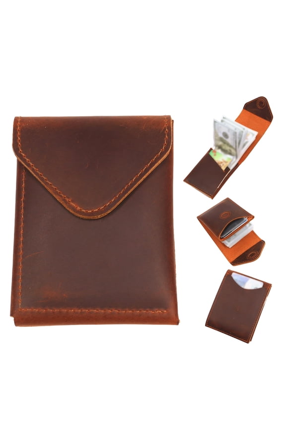 Slim Cash Wallet for Men - Minimalist Card Hoder - Flap Magnetic Closure - Full Grain Leather (Yellow Brown)