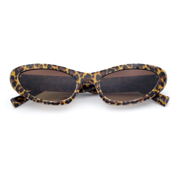 Slim Cat Eye Sunglasses Women Narrow Oval Retro 90s Y2K Small Frame UV400 Leopard Frame - Brown Lens