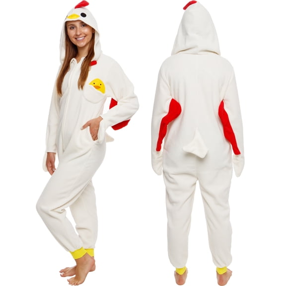 Slim Chicken Adult Onesie - Animal Halloween Costume - Plush Egg One Piece Cosplay Suit for Adults, Women and Men FUNZIEZ! (Beige, Large)