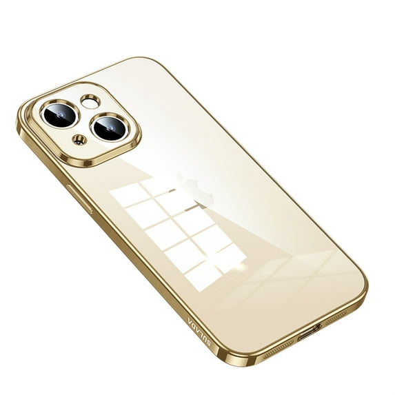 Slim Clear Case for iPhone 15 Plus, High-Transparency Electroplated Frame Cover with Rugged PC Shockproof Anti-Fingerprints Non-Yellowing Lens Protection Case, Gold