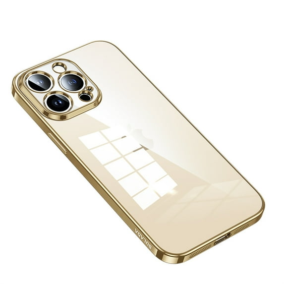 Slim Clear Case for iPhone 15 Pro Max, High-Transparency Electroplated Frame Cover with Rugged PC Shockproof Anti-Fingerprints Non-Yellowing Lens Protection Case, Gold
