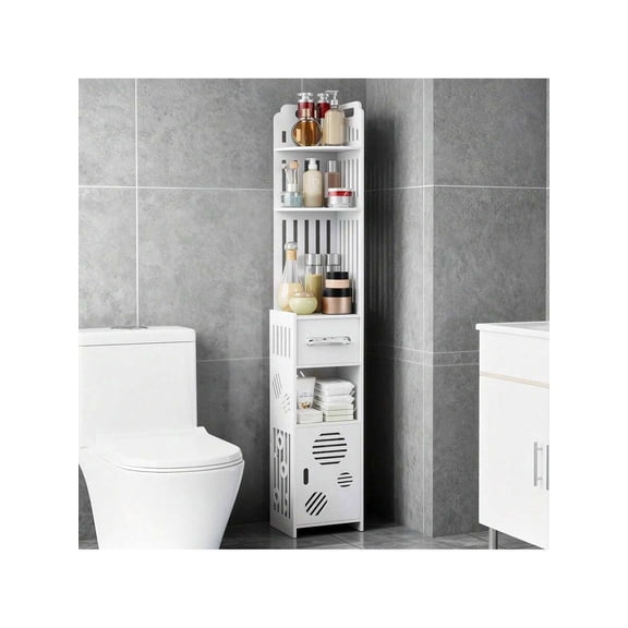 Slim Corner Bathroom Storage Cabinet, Freestanding Space-Saving PVC Organizer Rack with Toilet Paper Holder, Multi-Tier Bathroom Storage Shelf for Small Spaces