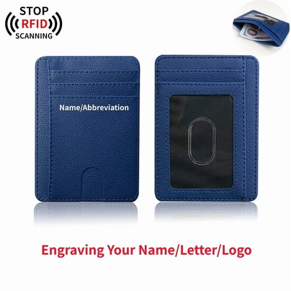Slim Credit Card Holder for Women, Personalized Custom Engraving Thin Front Pocket Leather Mini Wallet with RFID Blocking, Blue