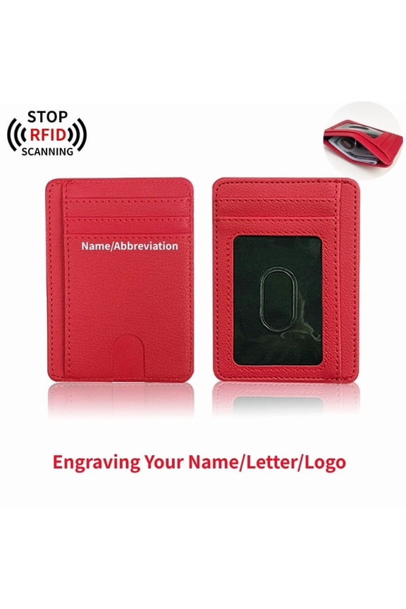 Slim Credit Card Holder for Women, Personalized Custom Engraving Thin Front Pocket Leather Mini Wallet with RFID Blocking, Red