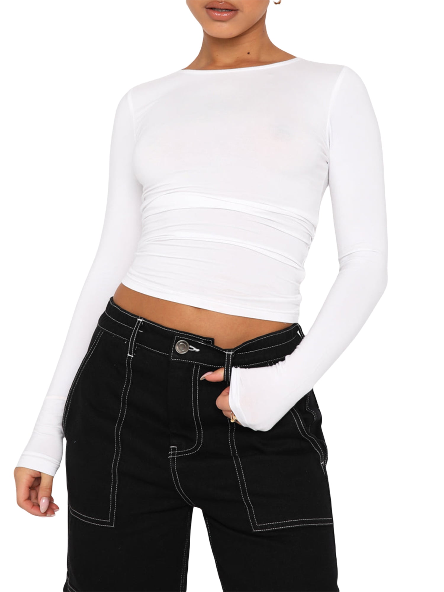 Women's Slim Fit Long Sleeve Crop Top Fitted Basic Philippines