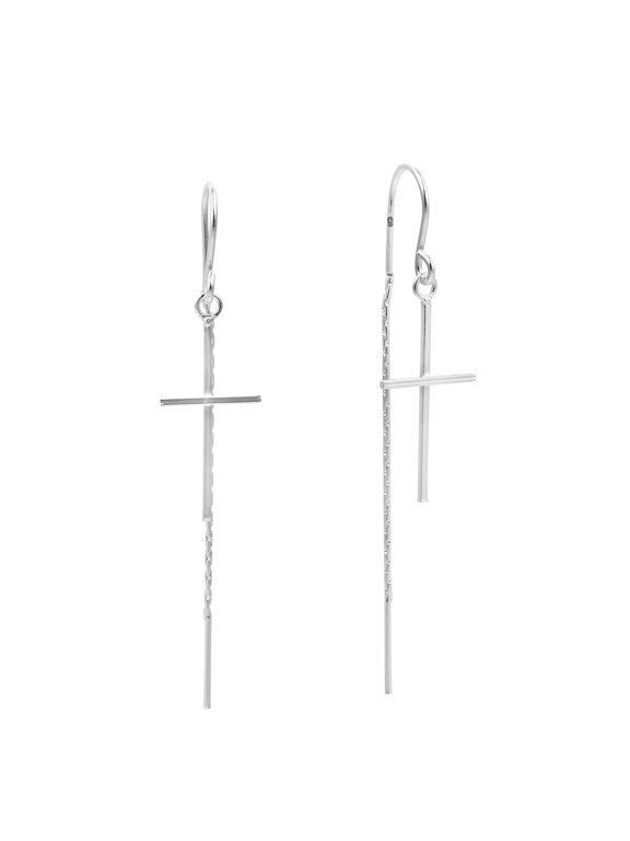 Slim Cross Ear Thread Slide .925 Sterling Silver Dangle Earrings