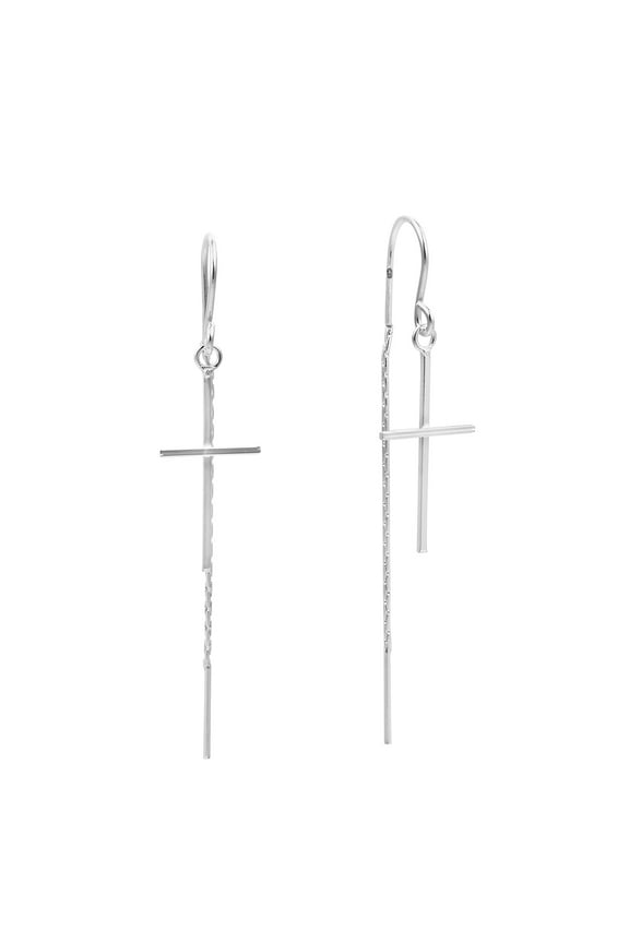 Slim Cross Ear Thread Slide .925 Sterling Silver Dangle Earrings