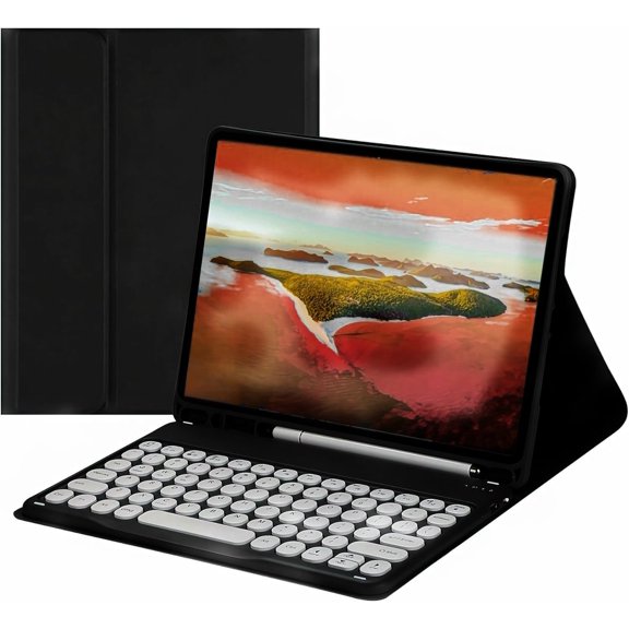 Slim Cute Black Candy Color Stand Keyboard Folio with S Pen Holder, Magnetic Detachable Wireless Retro Round Key Keyboard, Compatible with Samsung Galaxy Tab A8 10.5-inch (SM-X200/SM-X205/SM-X207)