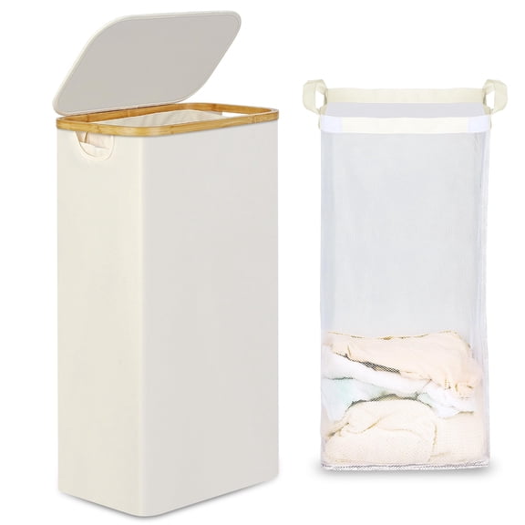Compact Laundry Basket with Lid and Detachable Bag, Slim Design Clothes Hamper with Bamboo Handles for Tight Spaces, 75L Storage, Beige