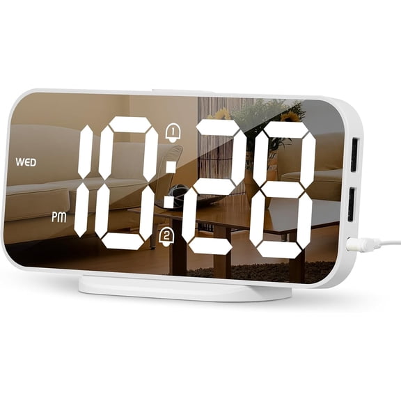 Slim Digital Alarm Clock, Big Mirror Display with Dual USB Charger Ports, Alarms, Snooze, 4-Level Adjustable Dimmer, for Bedroom, Office, Desk, Dorm, College Students, Home Decor (White)