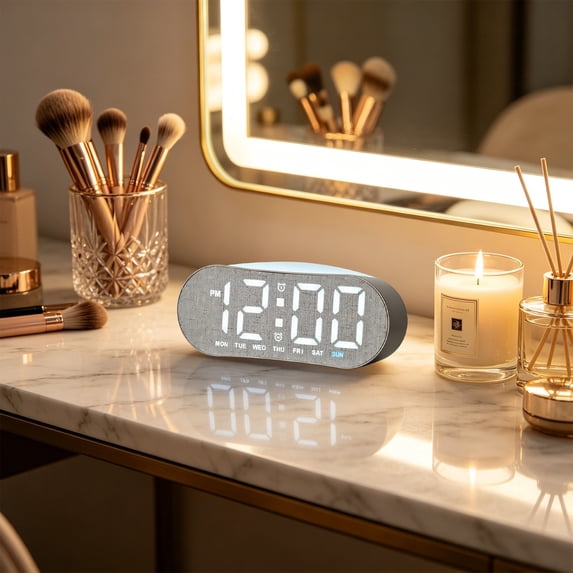 Slim Digital Alarm Clock, LED Multi-Function Clock with Date Temperature, Type-C Power or Battery, Dimmable Display, Compact Desk Clock for Home Office