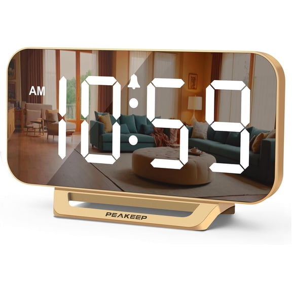 Slim Digital Mirror Aesthetic Alarm Clock for Bedrooms Desk Decor - Plug in Electric Big LED Modern Small Office Living Room, Battery Backup, 6 Dimmers (Gold)