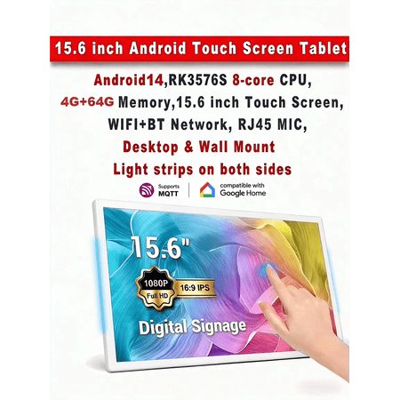 JEESTON Slim Edge 15.6 inch 1080P Adjustable Brightness Tablet, 64GB, Android 14, Wi-Fi, White