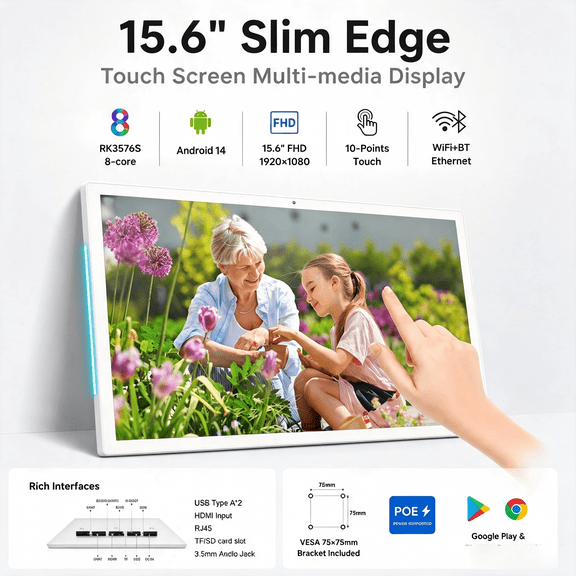 JEESTON Slim Edge 15.6 inch 1080P Adjustable Brightness Tablet, 64GB, Android 14, Wi-Fi, White