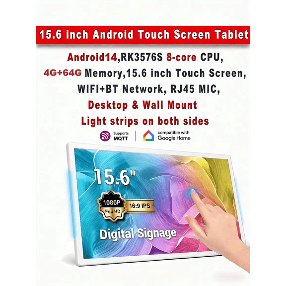 JEESTON Slim Edge 15.6 inch 1080P Adjustable Brightness Tablet, 64GB, Android 14, Wi-Fi, White