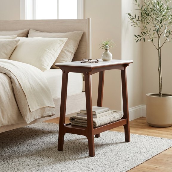 Slim End Table with Storage Shelf - Modern Walnut Wood Grain Nightstand for Small Spaces