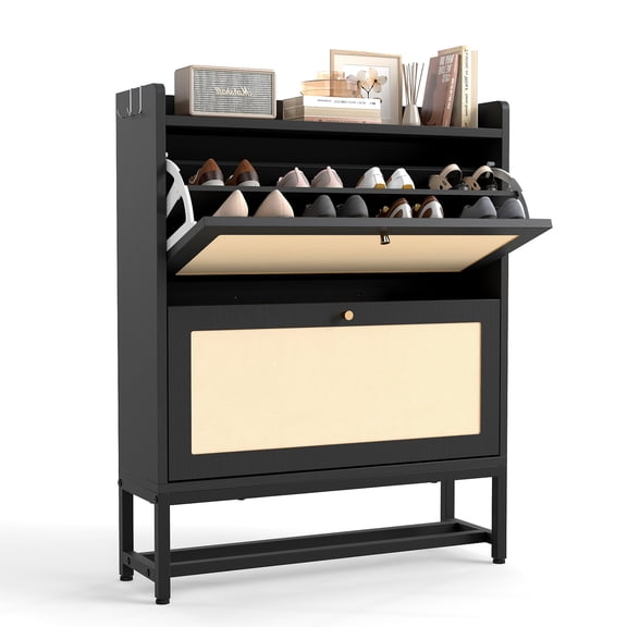 Slim Entryway Shoe Storage Cabinet with 2 Flip Drawers, Modern Freestanding Shoes Organizer Holds 16-20 Pairs, Closed Shoe Storage for Hallway, Foyer - Space-Saving Wood Shoe Cabinet