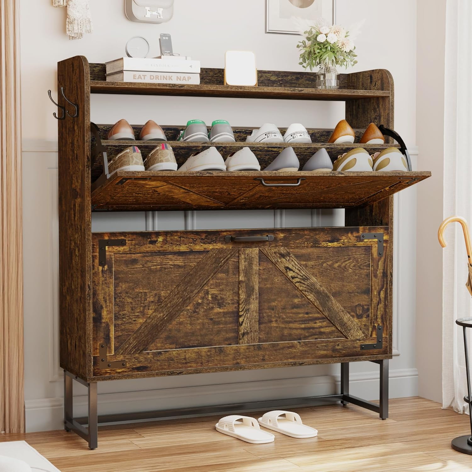 Slim Entryway Storage Cabinet with 2 Flip-Down Drawers, 9.5 Inch Narrow ...
