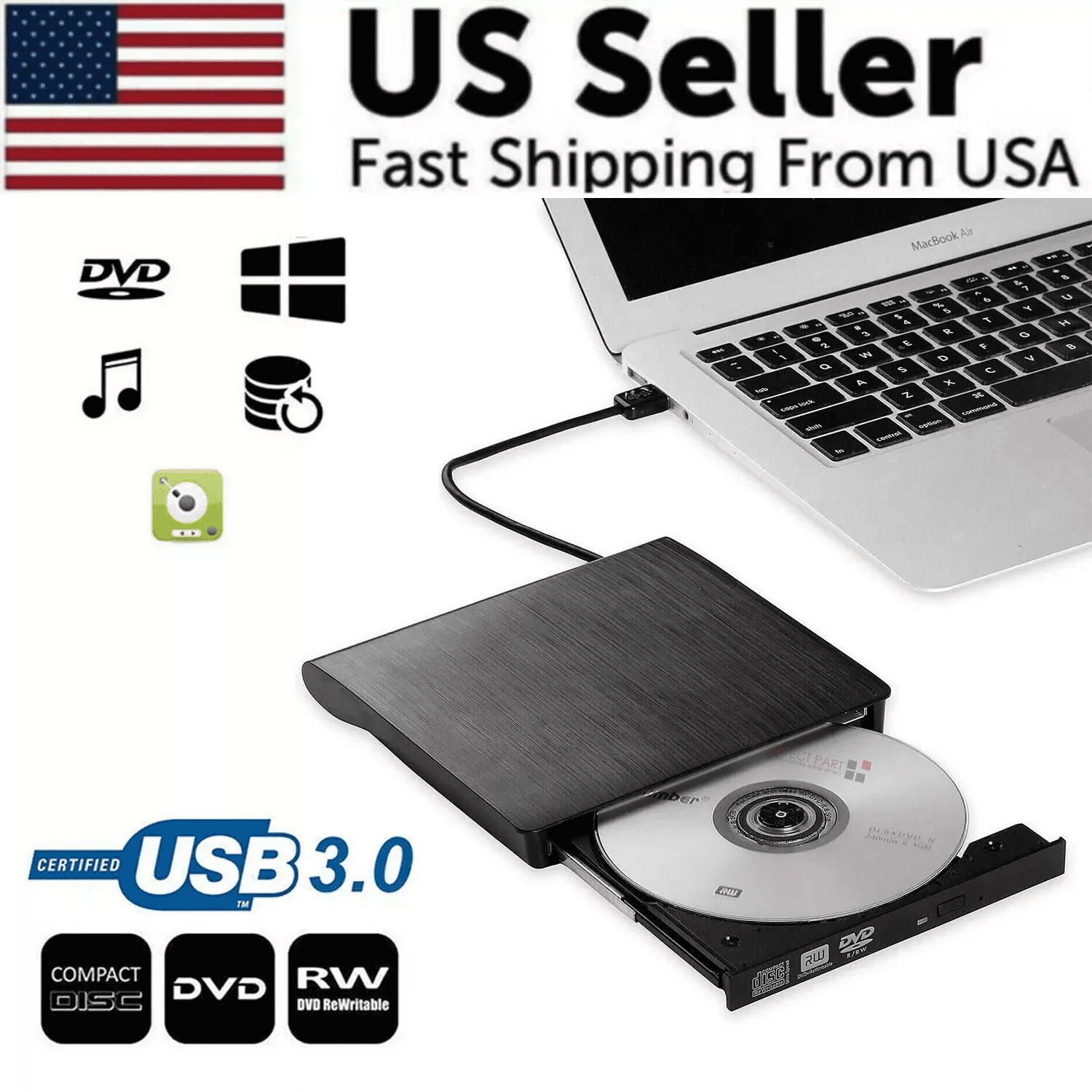 Slim External CD/DVD RW Drive USB 3.0 Writer Burner Player Black For