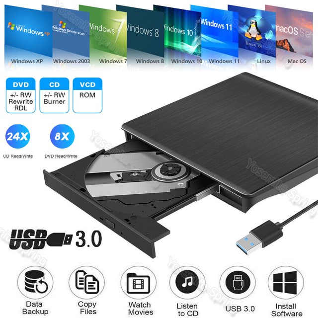 Slim External CD DVD RW Drive USB3.0 Disc Player Burner Writer For Mac