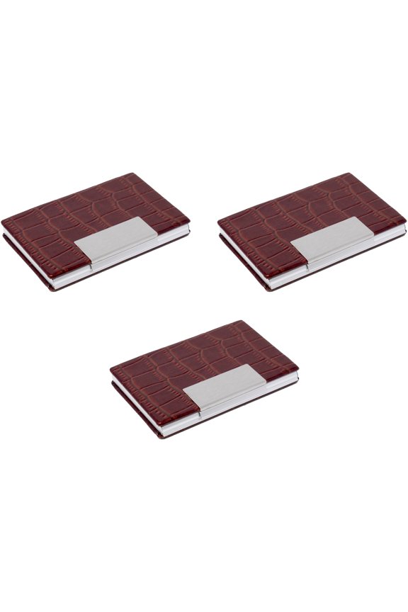 Set of 3 Slim Metal Business Card Holder Unisex Case With Leatherette Insert (Brown Crocodile Tab)