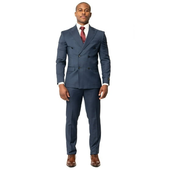 Slim Fit 2 Button Double Breasted Peak Lapel Solid Men's Suit Navy Blue 42 Long