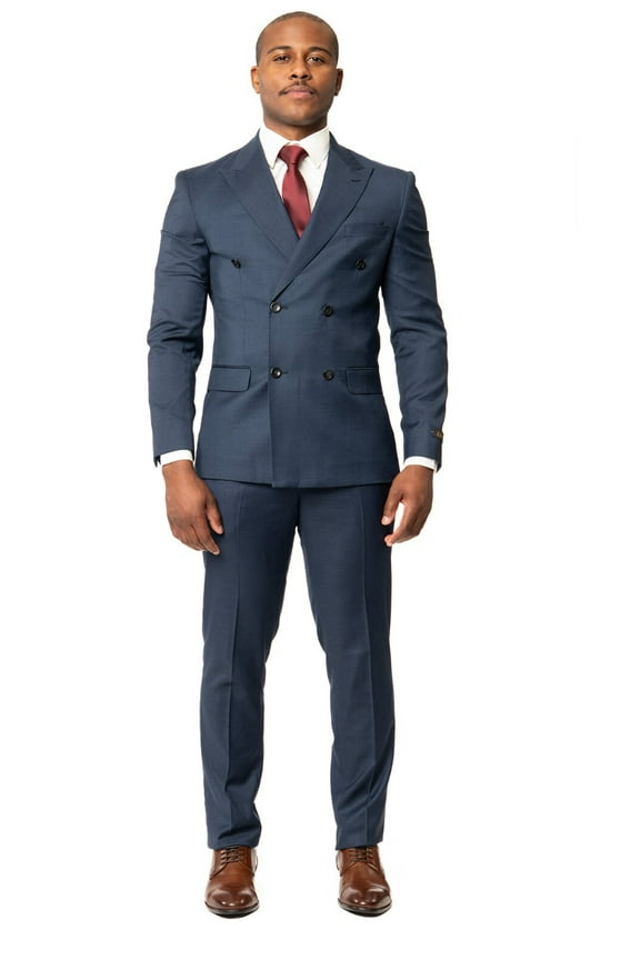 Slim Fit 2 Button Double Breasted Peak Lapel Solid Men's Suit Navy Blue 52 Regular