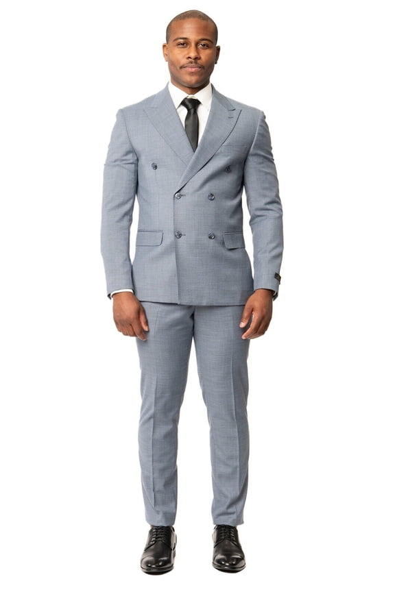Slim Fit 2 Button Double Breasted Peak Lapel Solid Men's Suit Slate Blue 34 Regular