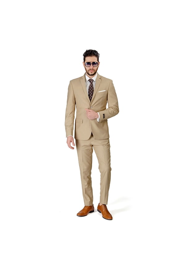 Slim Fit 2 Button Tan Beige Notch Lapel Men's Suit No Vest 36 Short