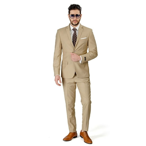 Slim Fit 2 Button Tan Beige Notch Lapel Men's Suit No Vest 48 Short