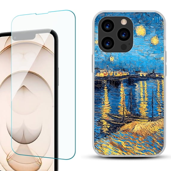 Slim-Fit Anti-Scratch Gel TPU Phone Case for iPhone 13 Pro, with Tempered Glass Screen Protector, by OneToughShield ® - Starry Night Rhone
