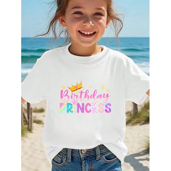 MAWOTEA Slim Fit BIRTHDAY PRNCESS Pattern T-shirt, Playful Graphic Tee for Kids, Ideal Gift for Birthday,Size 3-13 Years