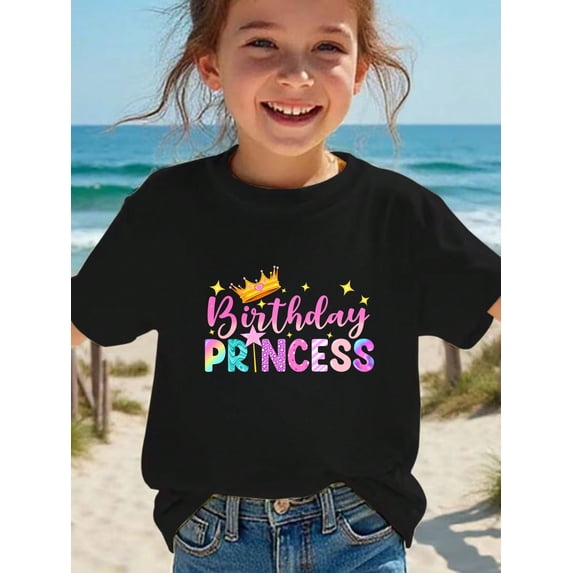MAWOTEA Slim Fit BIRTHDAY PRNCESS Pattern T-shirt, Playful Graphic Tee for Kids, Ideal Gift for Birthday,Size 3-13 Years