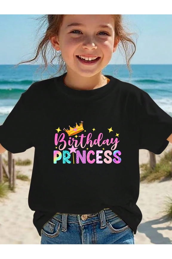 Slim Fit BIRTHDAY PRNCESS Pattern T-shirt, Playful Graphic Tee for Kids, Ideal Gift for Birthday,Size 3-13 Years