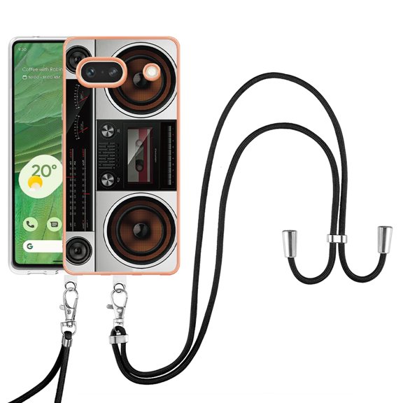 Slim Fit Case for Google Pixel 7a, Luxury Pattern Adjustable Crossbody Lanyard Shoulder Neck Strap Clear Design Case for Women Girl Teen Silicone Soft for Google Pixel 7a, Retro Radio