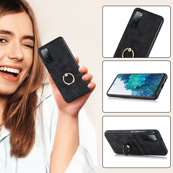 Slim Fit Case for Samsung Galaxy S20 FE 6.5 Inch with Ring Holder Bracket Card Slots Cover, Soft TPU Bumper Shockproof PU Leather Non-Slip Protective Phone Case for Samsung Galaxy S20 FE,Black