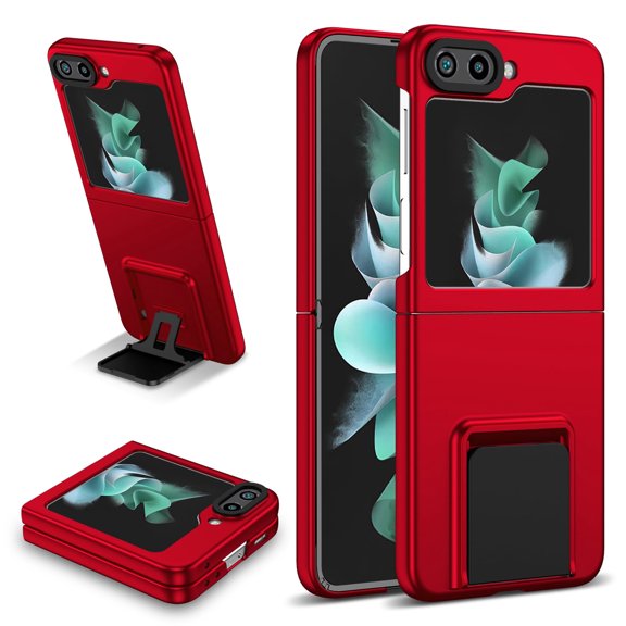 Slim Fit Case for Samsung Galaxy Z Flip 5 with Thickened Camera Lens Frame Invisible Foldable Kickstand Non-Slip Full Body Shockproof Protective Cover for Samsung Z Flip 5, Red