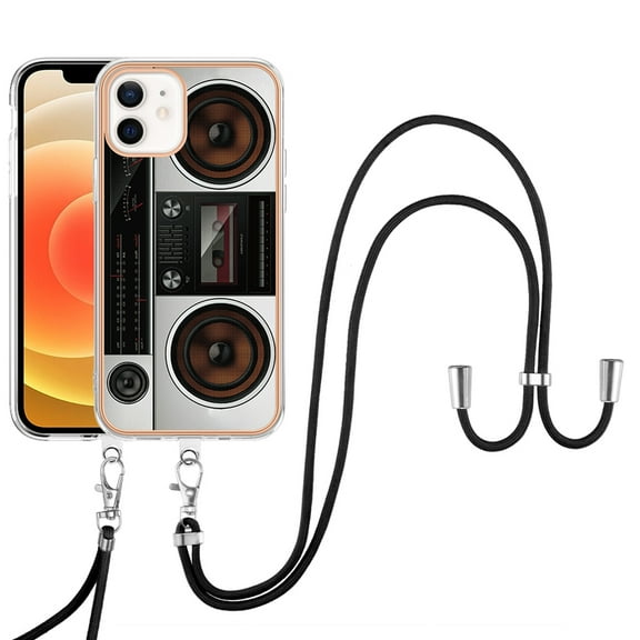 Slim Fit Case for iPhone 12, Luxury Pattern Adjustable Crossbody Lanyard Shoulder Neck Strap Clear Design Case for Women Girl Teen Silicone Soft for iPhone 12, Retro Radio