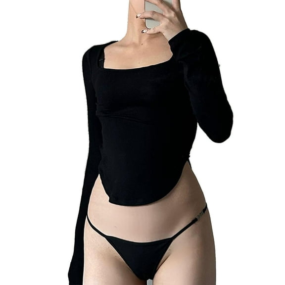 Spring Top Long Sleeve Square Neck Half Round Hem Plain Slim Fit Casual Pullover for Party Night Out Black M Estrela