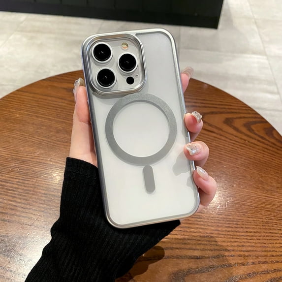 Slim Fit Clear Back Case for iPhone 15 Pro Max, Plating Strong Magsafe Anti-Yellow Anti-Scratch Anti-drop Anti-fingerprint Wireless Charging Phone Case Cover for iPhone 15 Pro Max, Silver