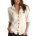 thumbnail image 1 of Slim Fit Cotton Linen Button Down Shirts for Women Long Sleeve Collared Slim Fit Dressy Casual Work Blouses with Pockets Trendy Lightweight Comfy Plain Peasant Long Sleeve Cargo Shirts Beige L, 1 of 4