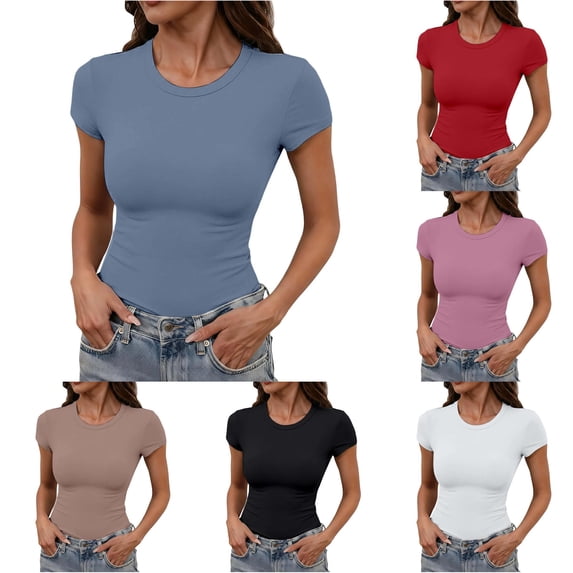 Slim Fit Crew Neck Short Sleeve T-Shirt for Women Basic Stretchy Top Soft Comfortable Daily Wear
